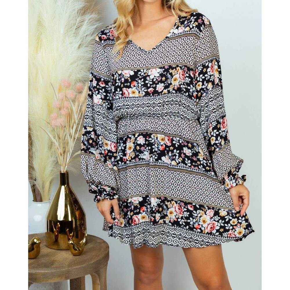 NEW WHITE BIRCH long sleeve print dress in black
